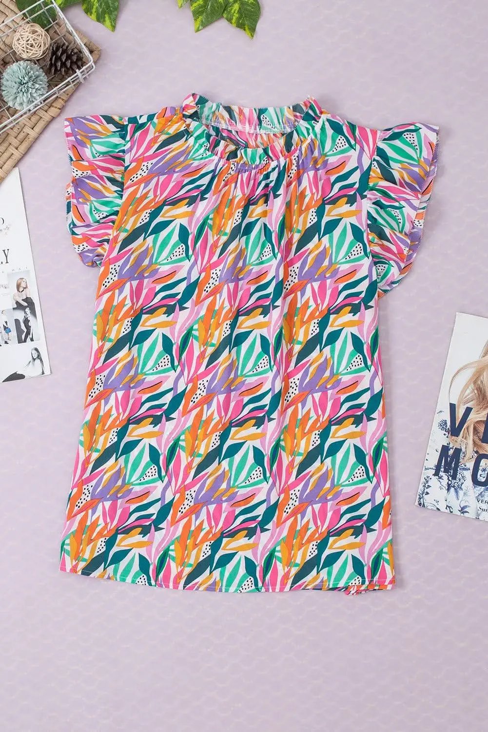 Rose Red Floral Print Ruffled Flutter Sleeve Blouse - Love Salve